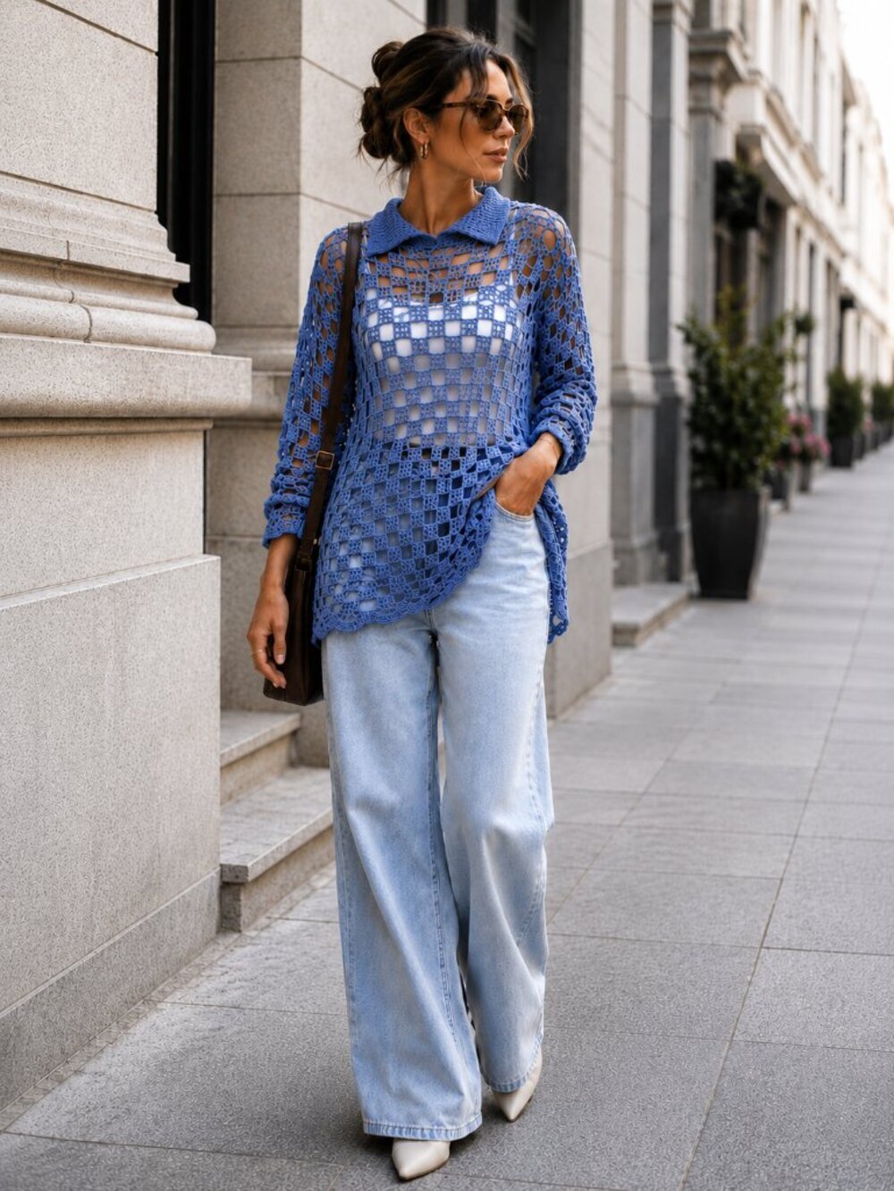 Handmade Cotton Mesh Sweater – Open Knit Crochet Polo Pullover Size L